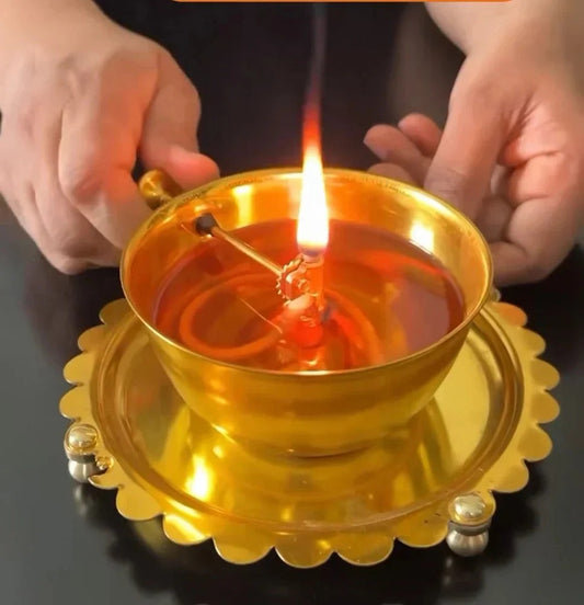 Golden Brass Akhand Diya Oil Lamp with Rotating Wick